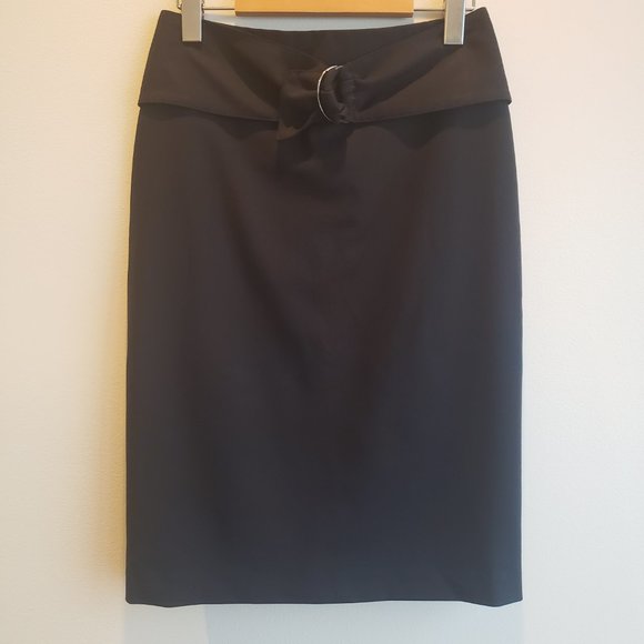 Le Chateau Black Stretch Pencil Skirt  Midi Length Belted Accent- Size 3/4 - Picture 11 of 11